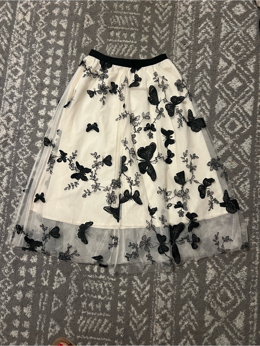 Coquette White Tulle Midi Skirt with Black Butterfly Embroidery size S